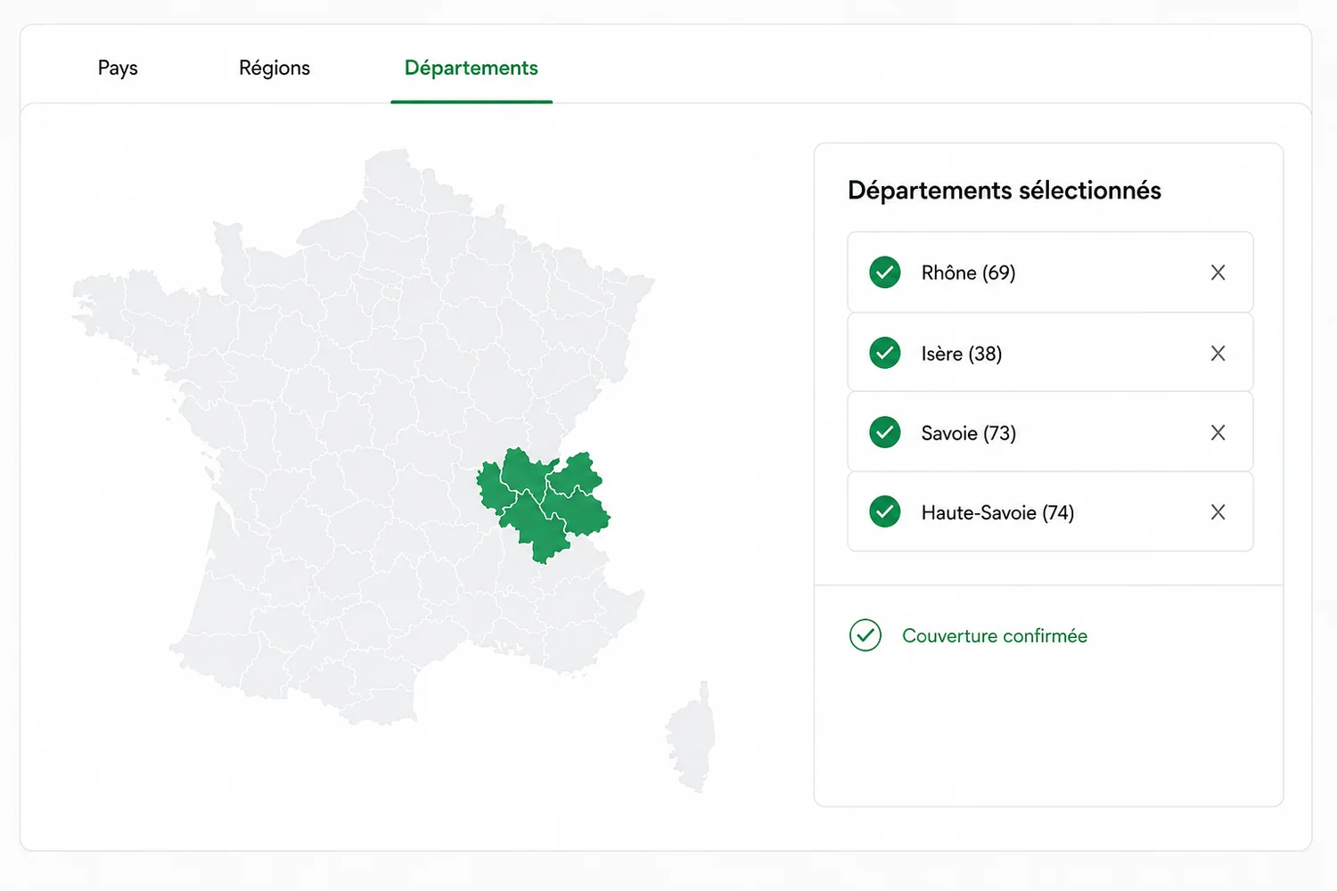 Carte de France avec sélection précise des départements Rhône, Isère, Savoie et Haute-Savoie