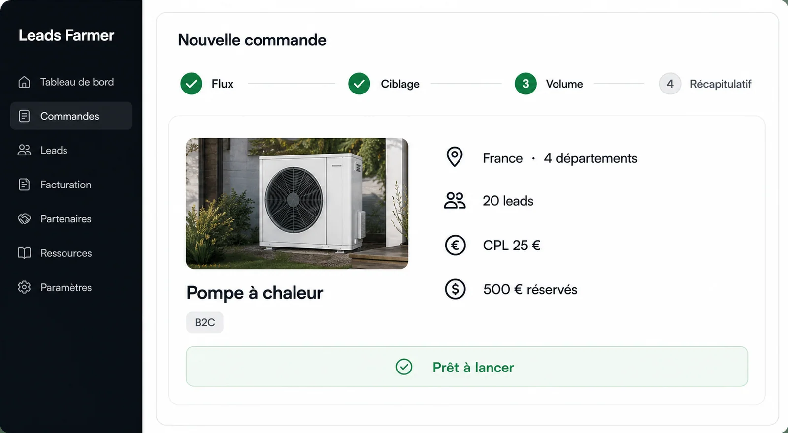 Interface Leads Farmer pour choisir un flux, définir le ciblage et réserver une commande de leads qualifiés
